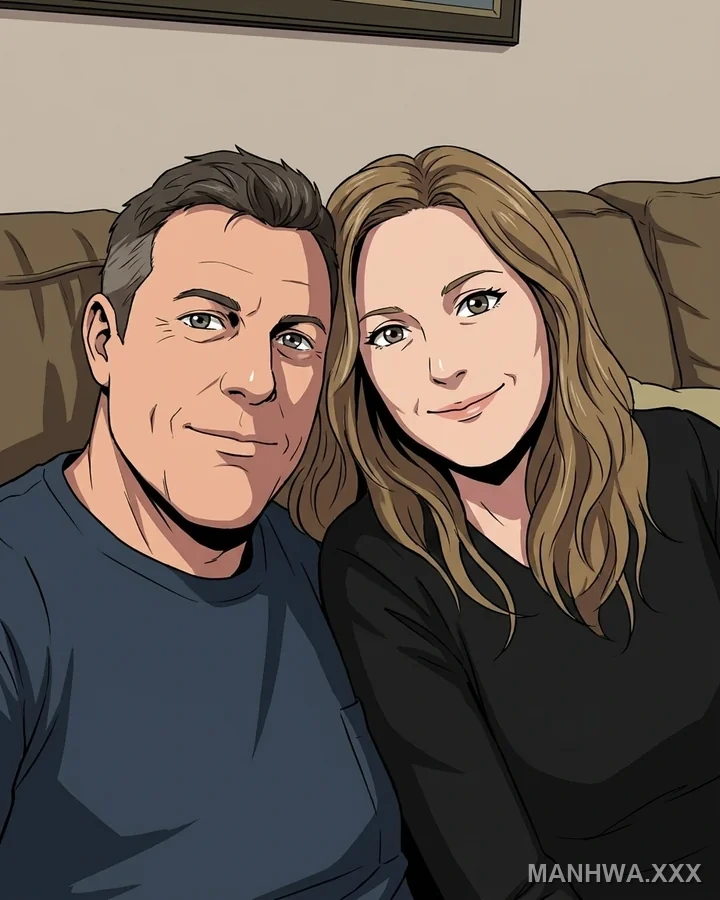 Two people on a sofa redrawn as a manhwa illustration
