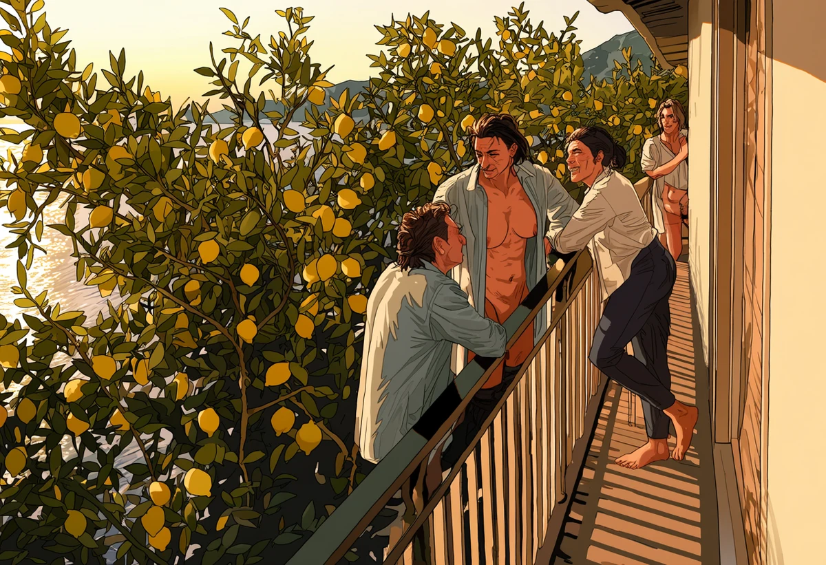 an Italian adult couple age 34 and 37 on an Amalfi coast balcony at golden hour, a linen shirt open, lemon trees and the sea far below, explicit adult illustration
