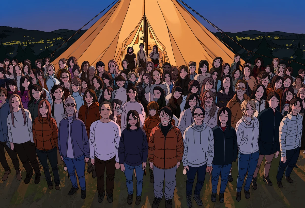 an adult couple age 34 and 36 in a small tent above the treeline at dusk, thermal layers half off, boots outside, valley light below, adult adventure manhwa art style