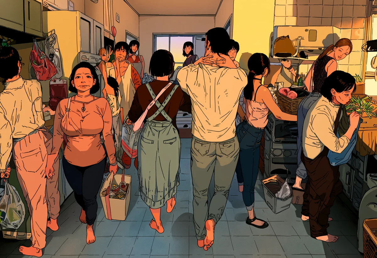 an adult couple age 33 and 35 unpacking groceries in a small kitchen, one stealing a bite, bare feet on cold tile, evening, adult slice of life manhwa art style