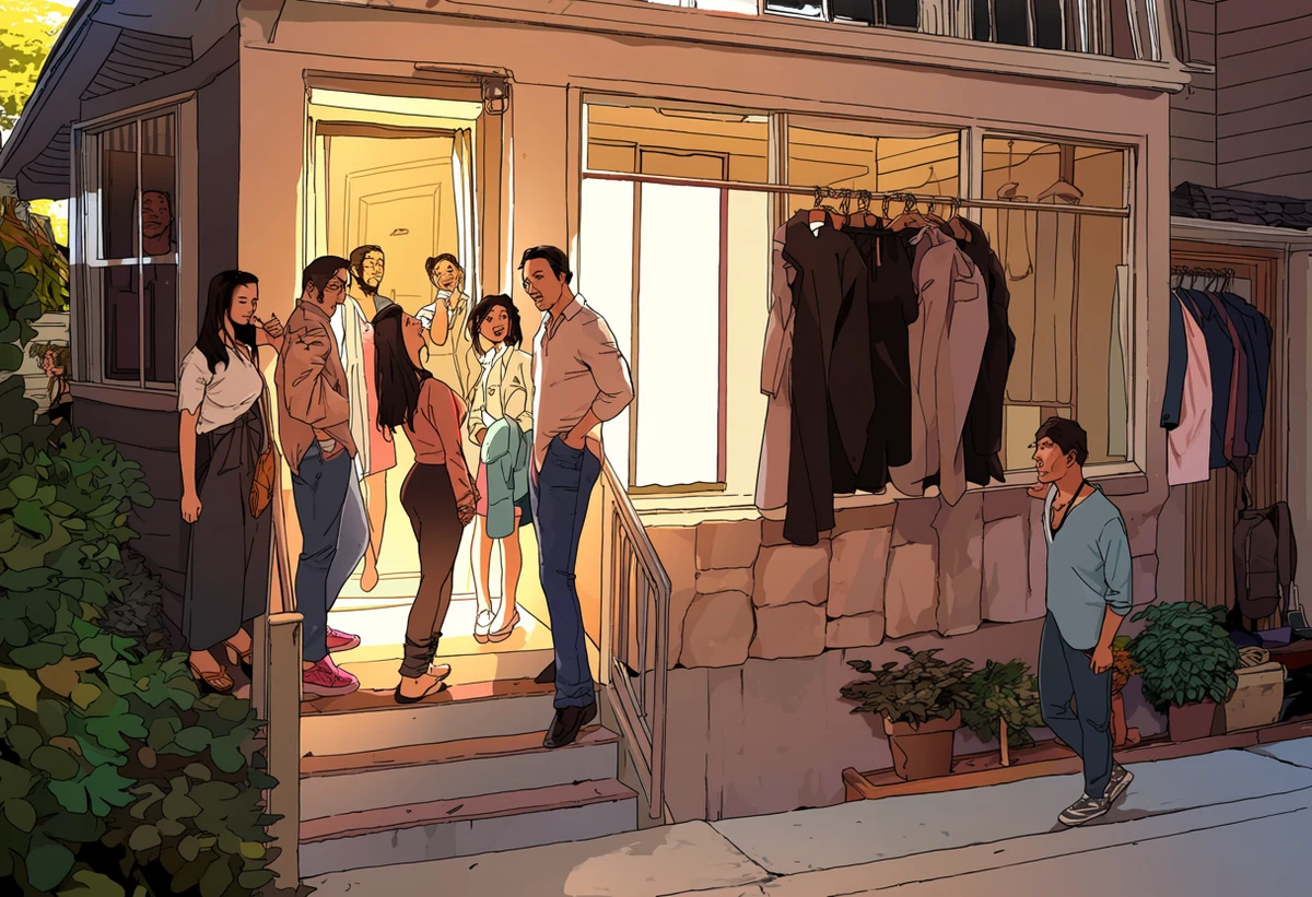 a married adult couple age 34 and 37 taking advantage of an empty house on a weekday afternoon, clothes left on the stairs, sunlight, explicit adult manhwa art style