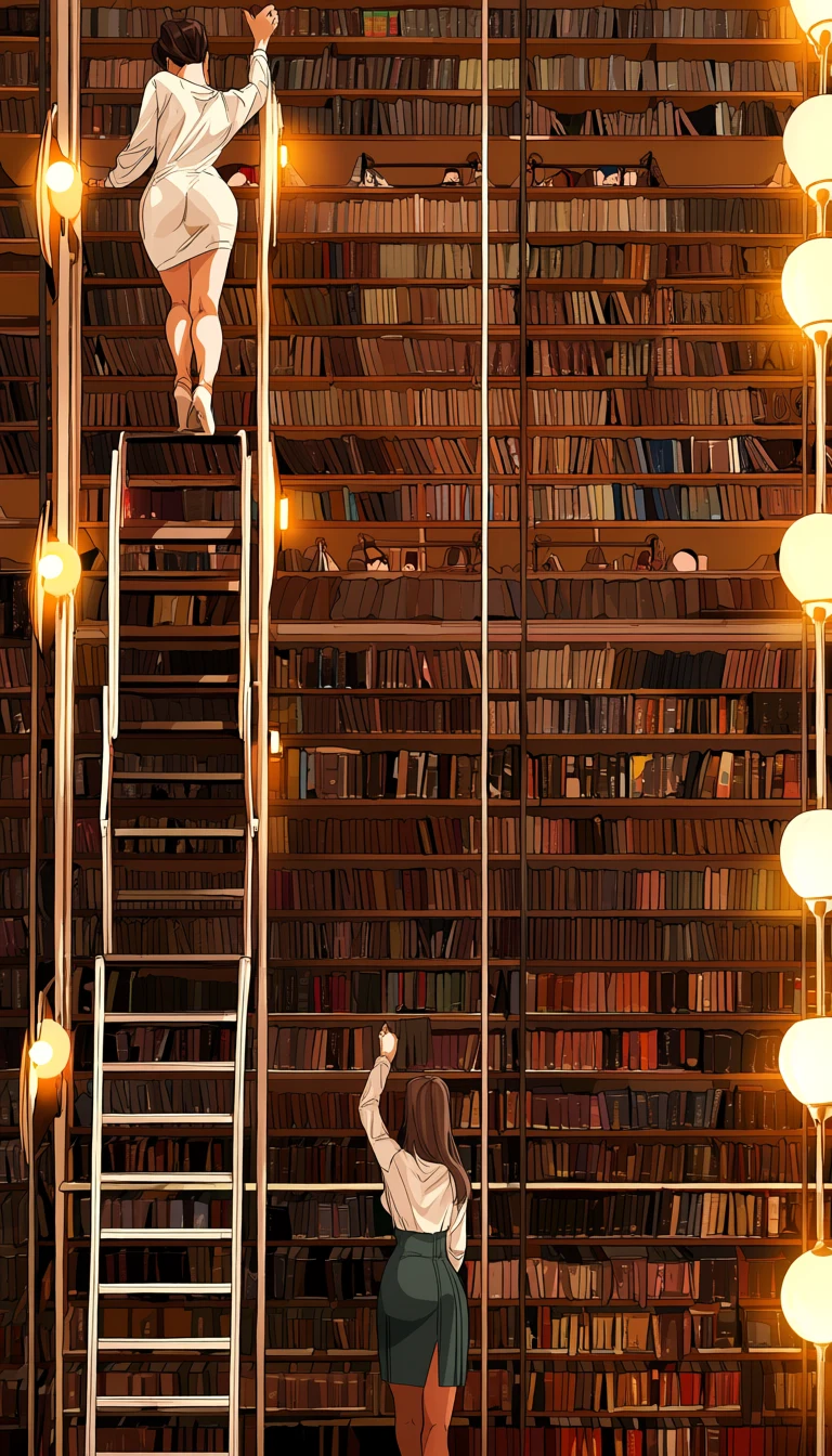 an adult woman age 37 on a library ladder in a short dress while her adult partner tries very hard to look at the shelves, comic tension, warm lamps, ecchi manhwa art style