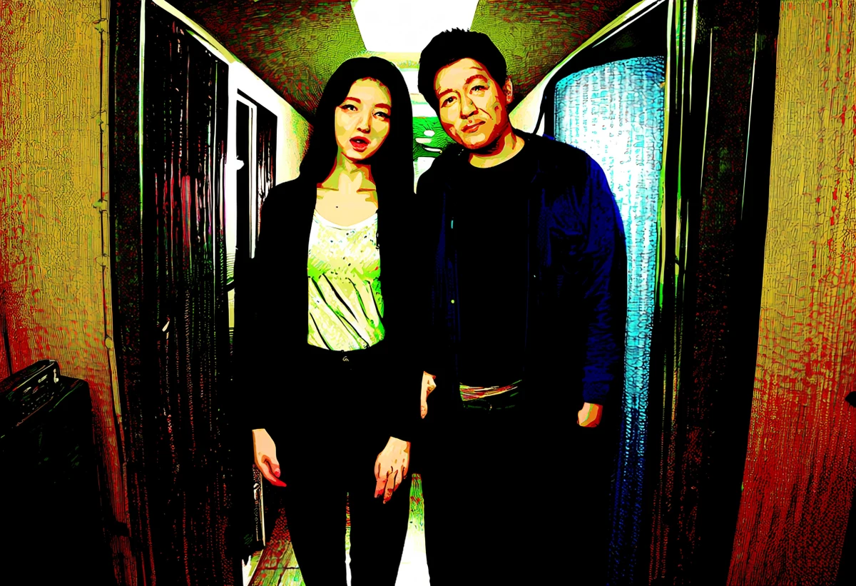 an adult couple age 36 and 40 in a decaying hotel room holding each other against a sound in the corridor, television static and peeling wallpaper, adult horror manhwa art style
