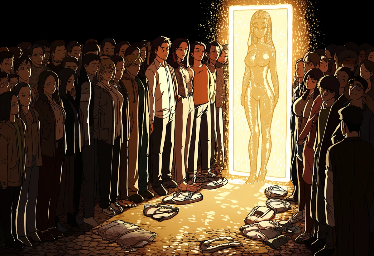 an adult couple age 34 and 38 standing before a shimmering return portal at dawn and choosing to stay, packs at their feet, gold light, adult isekai manhwa art style