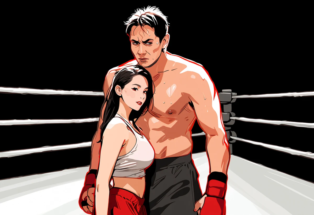 an adult muay thai fighter age 31 and her adult partner in an empty ring corner after the crowd has gone, tape and sweat, harsh work lights, adult martial arts manhwa art style