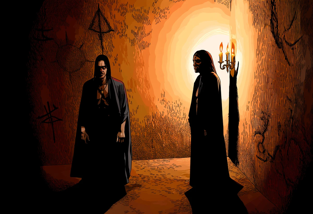 two adult occultists age 39 and 35 in a candlelit basement circle, chalk sigils, robes falling open, an ominous shadow beyond the light, adult horror manhwa art style