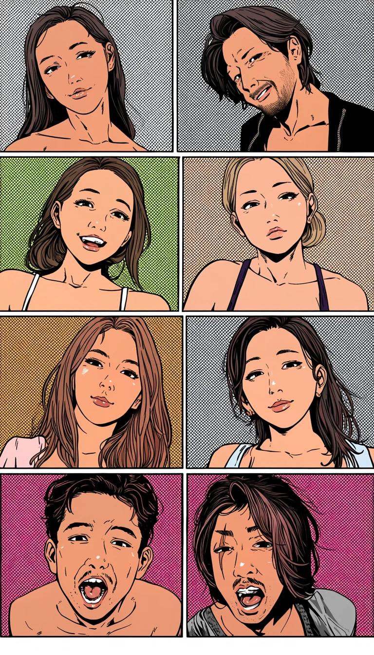 two adult partners drawn in six small wordless comic panels, extreme close crops of hands, a zipper, a shoulder and a mouth, high contrast ink, adult hentai comic page