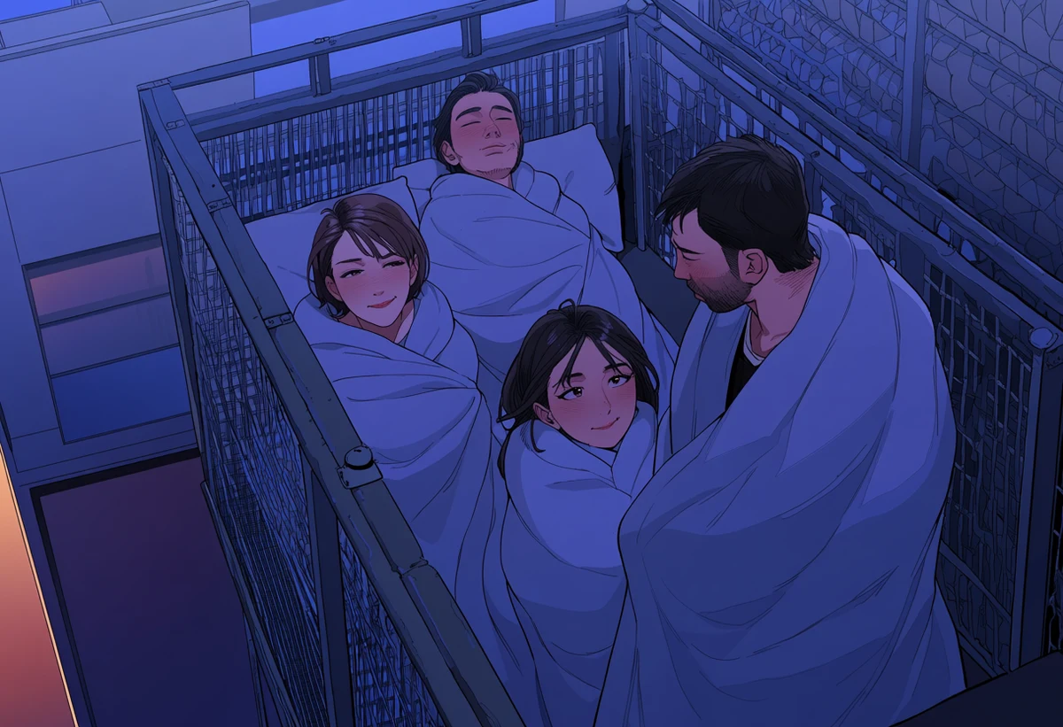 an adult couple age 36 and 33 wrapped in one blanket on a rooftop at sunrise after talking all night, the city waking below, adult romance manhwa art style