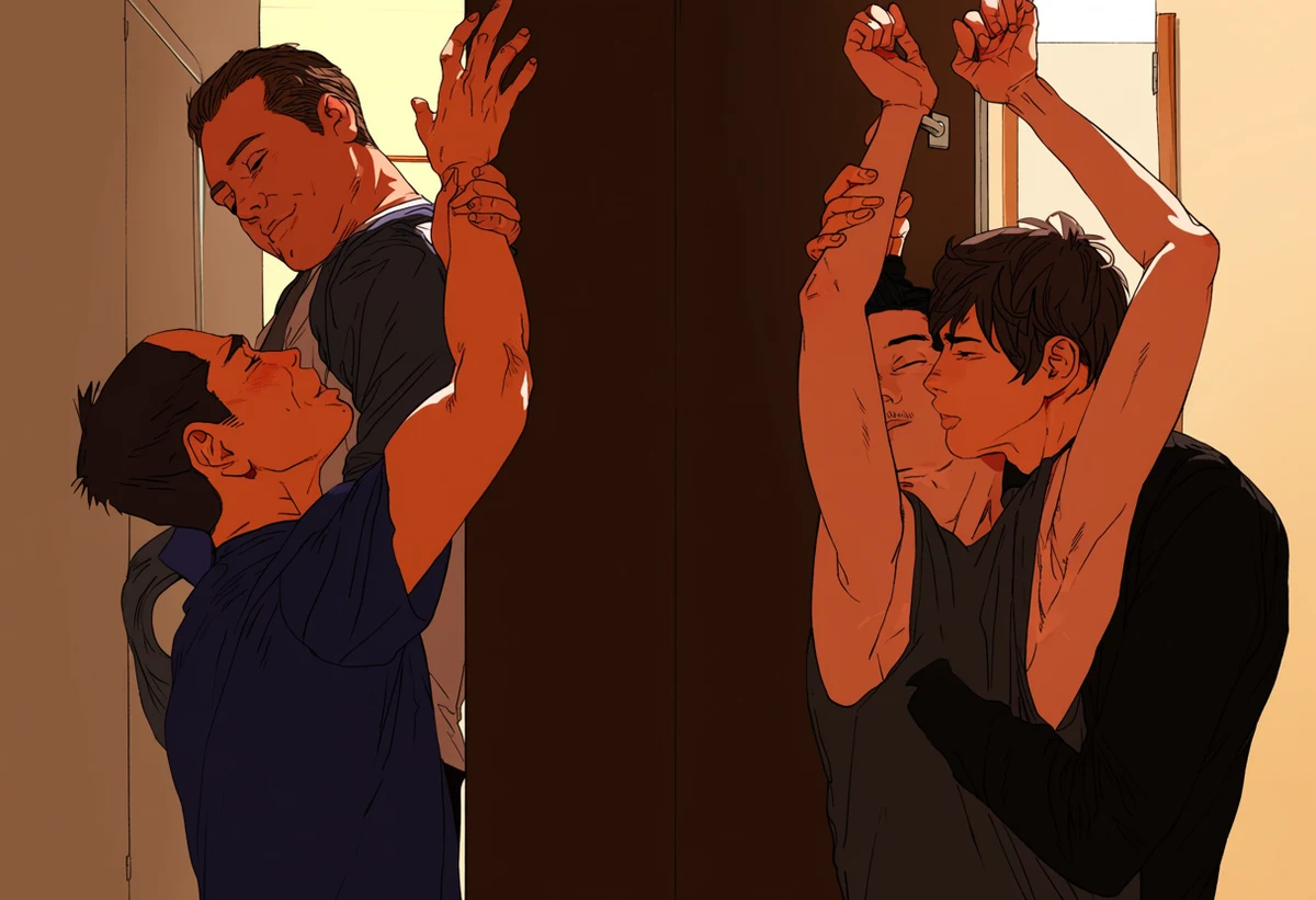 two adult men age 34 and 31 pressed against a bedroom door, one holding the other's wrists above his head with consent, warm hallway light behind, yaoi art style